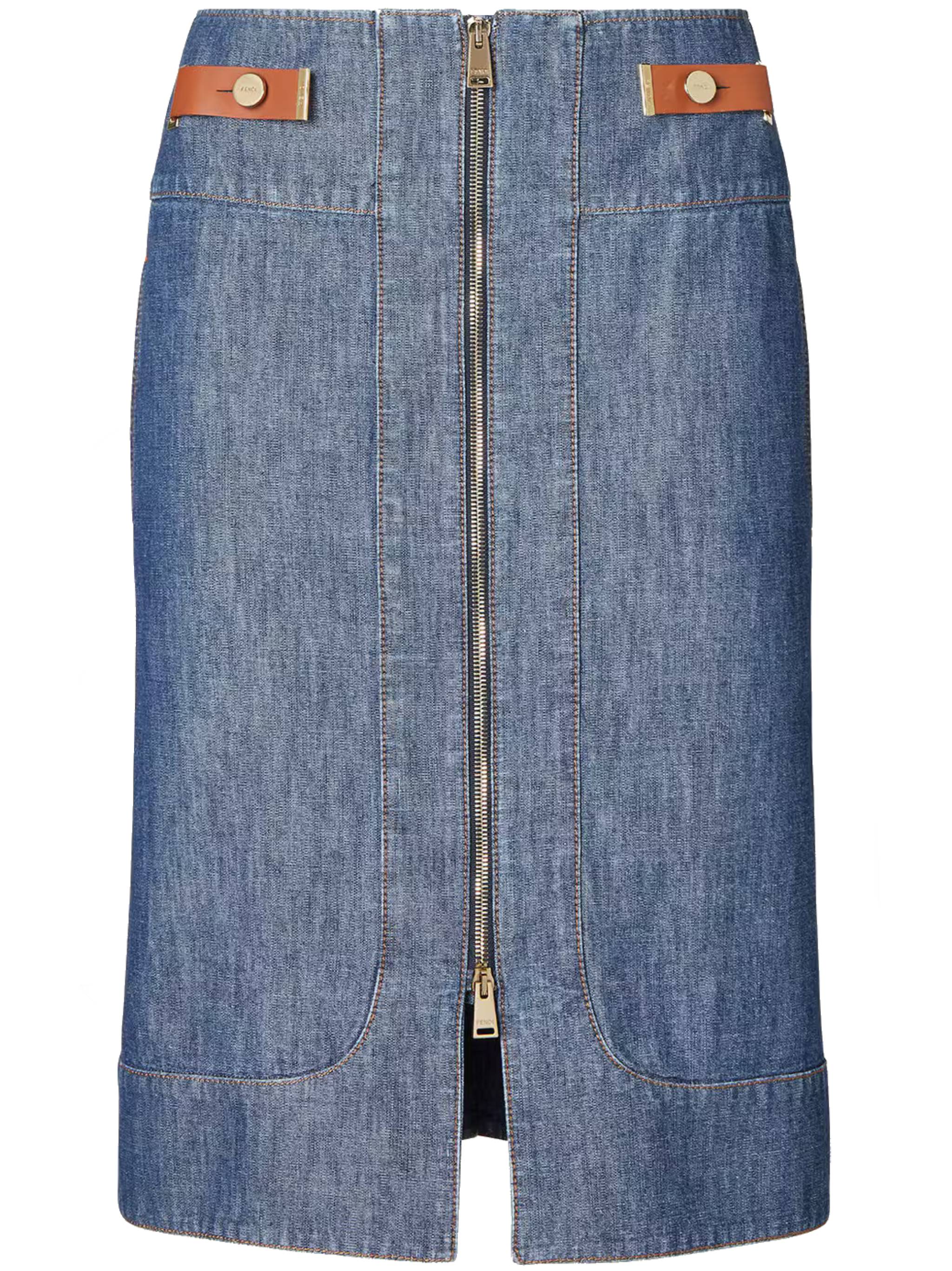 Straight-Cut Chambray Skirt with Front Zipper and Leather Accents