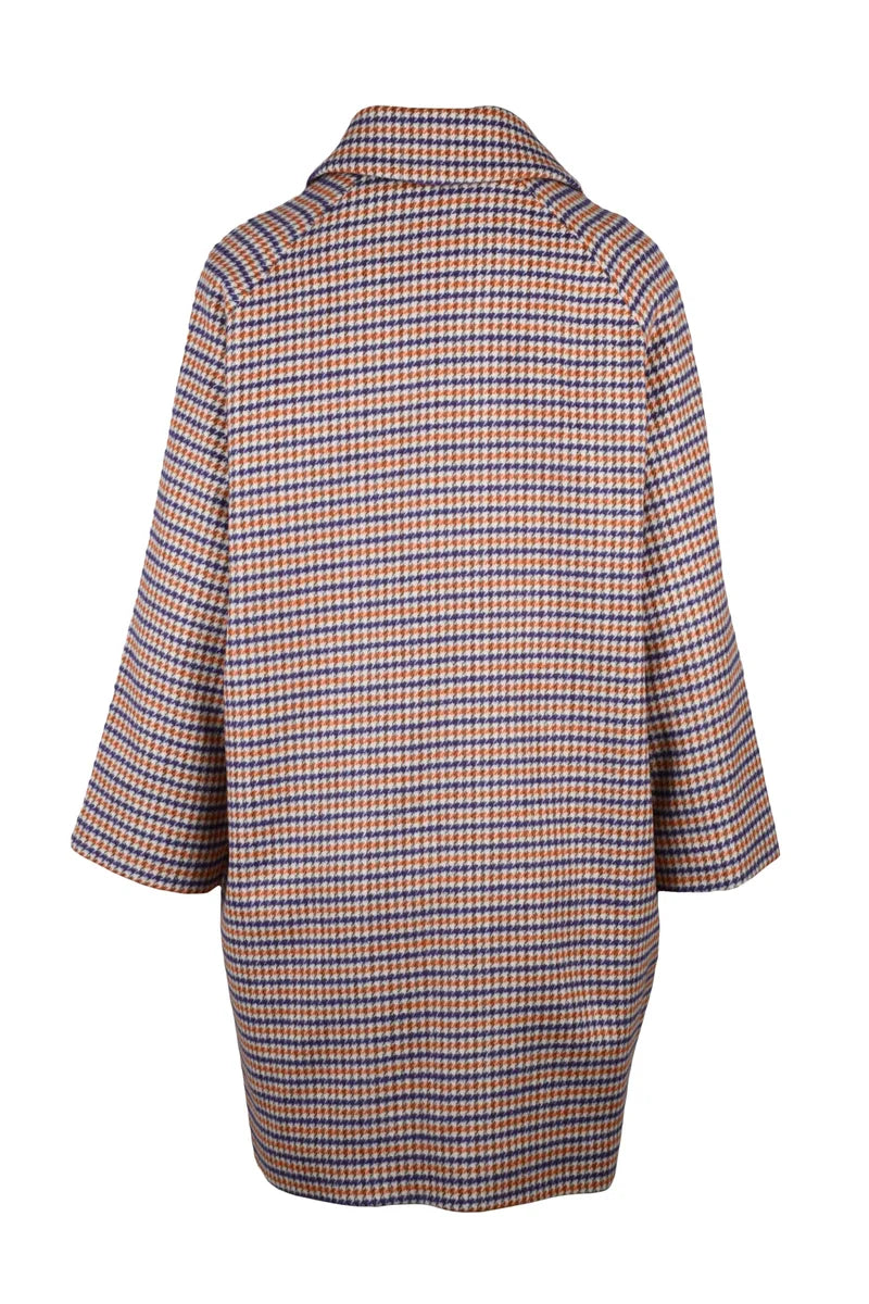 Mid-Length Houndstooth Coat with Raglan Sleeves