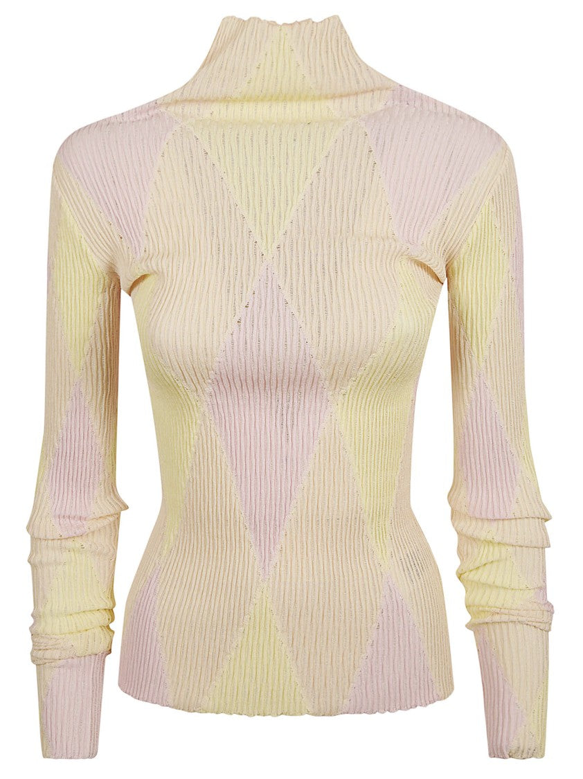 Fitted Ribbed Sweater With Diamond Pattern