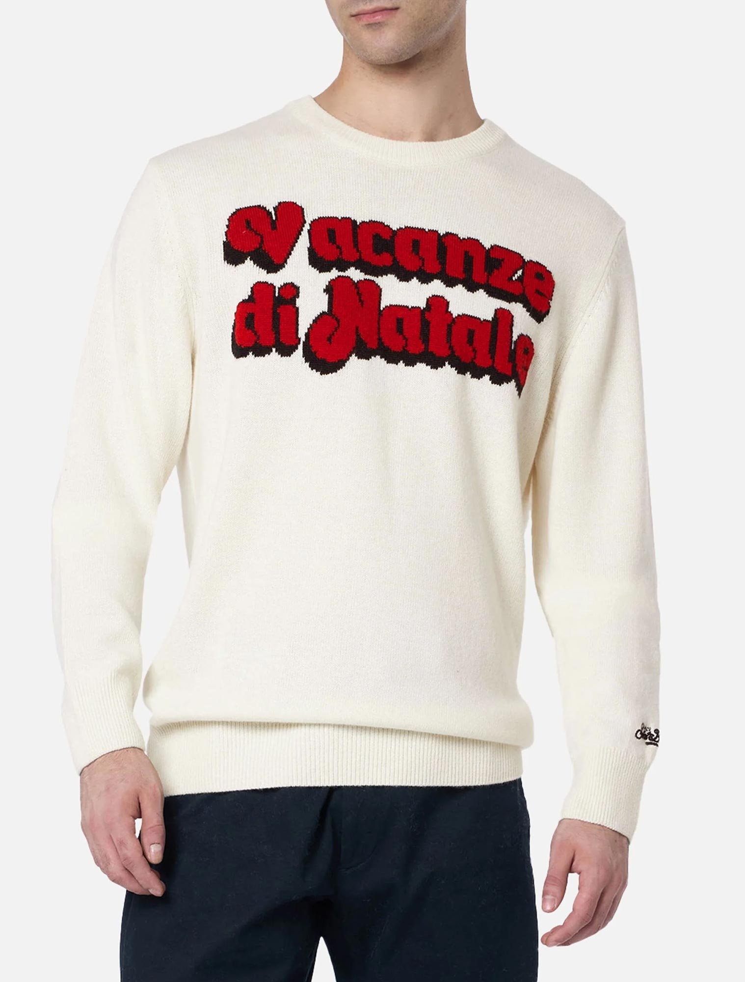 White Crewneck Sweater With Textured Lettering