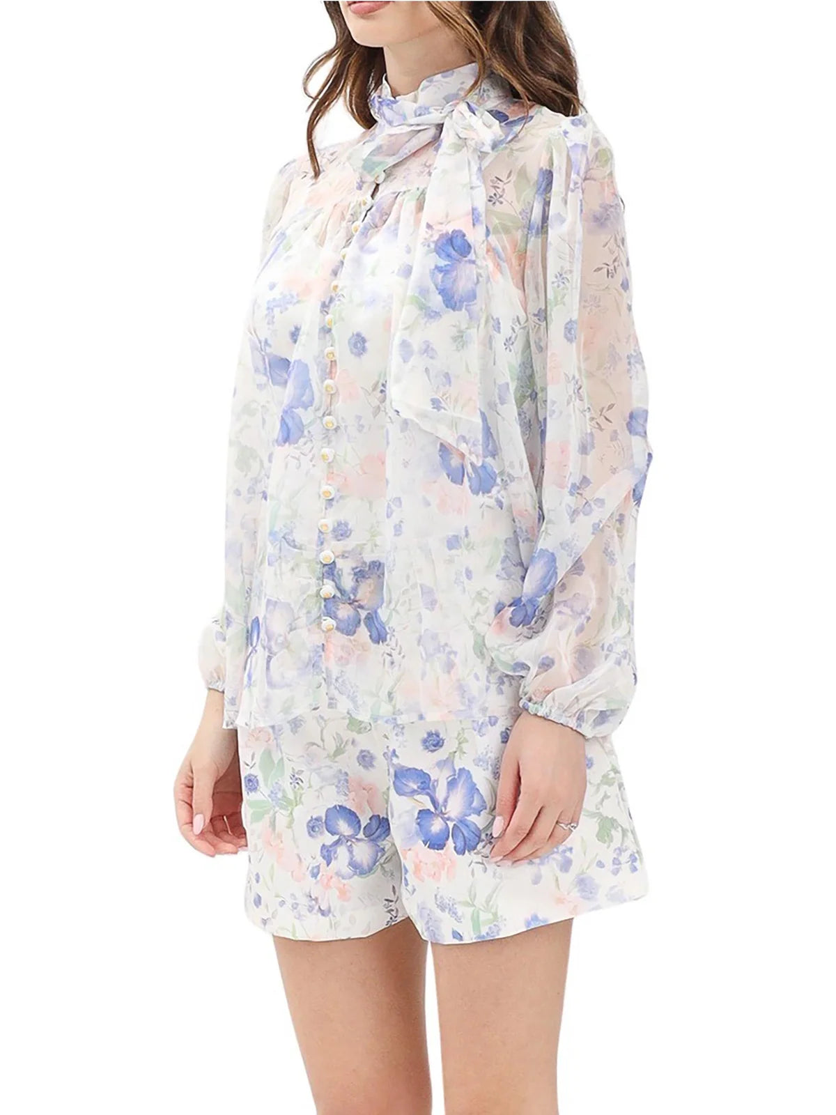White Blue Cotton Polyester Blouse Set