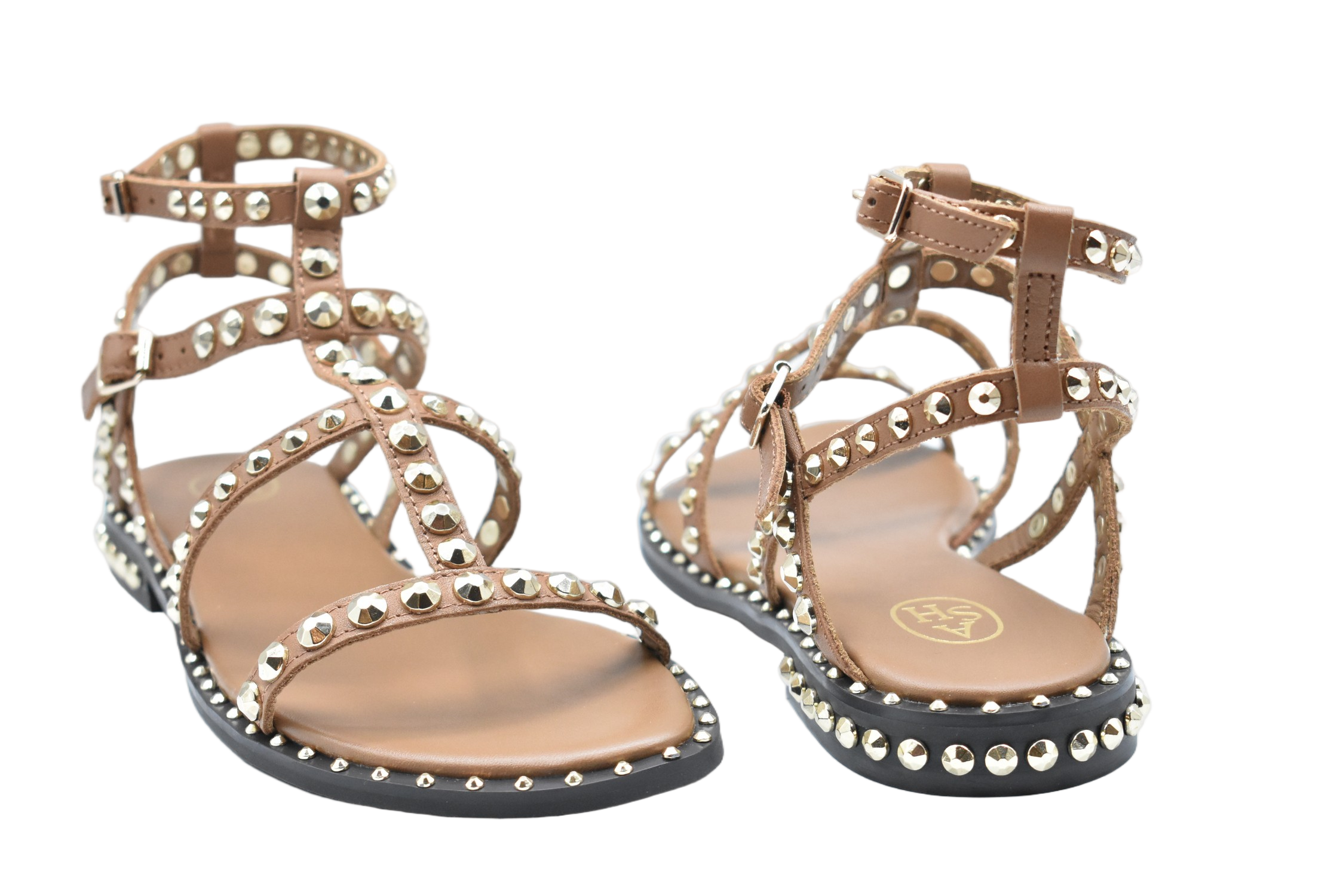 Cinnamon-Strapped Low Sandals With Metallic Studs