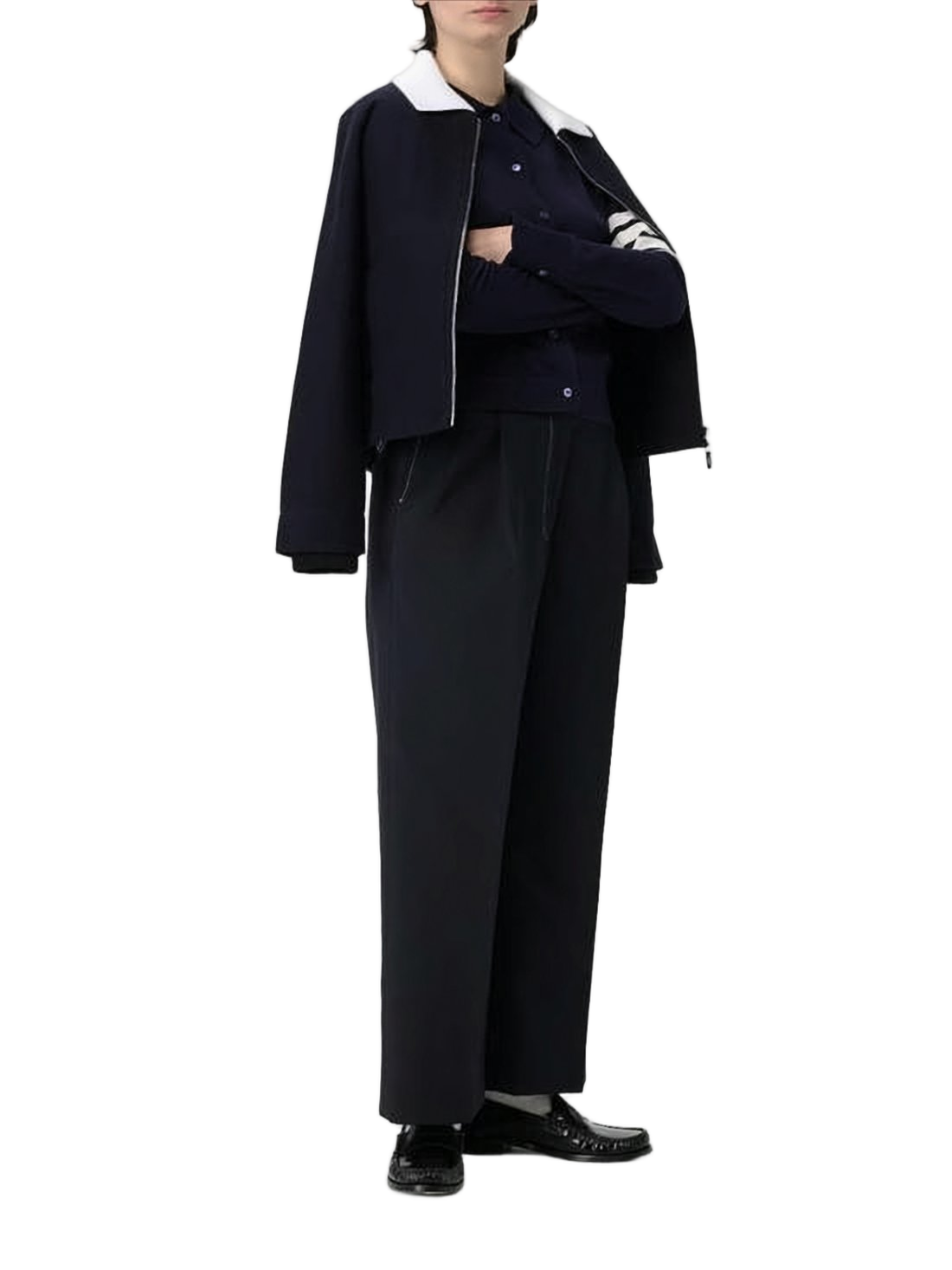 Cropped Navy Cardigan with Pointed Collar