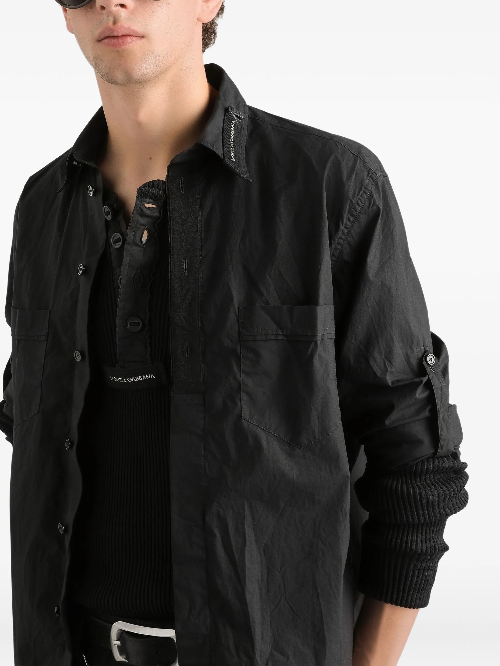 Long-Sleeve Black Cotton Button Tab Shirt
