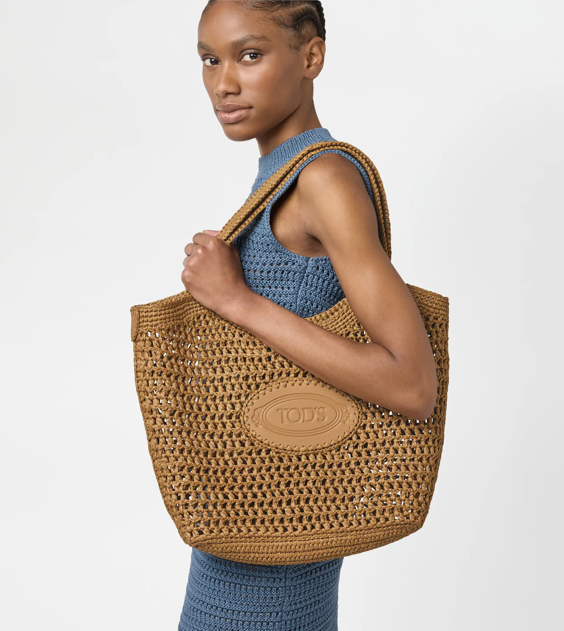 Medium Woven Tote Bag with Leather Logo Patch