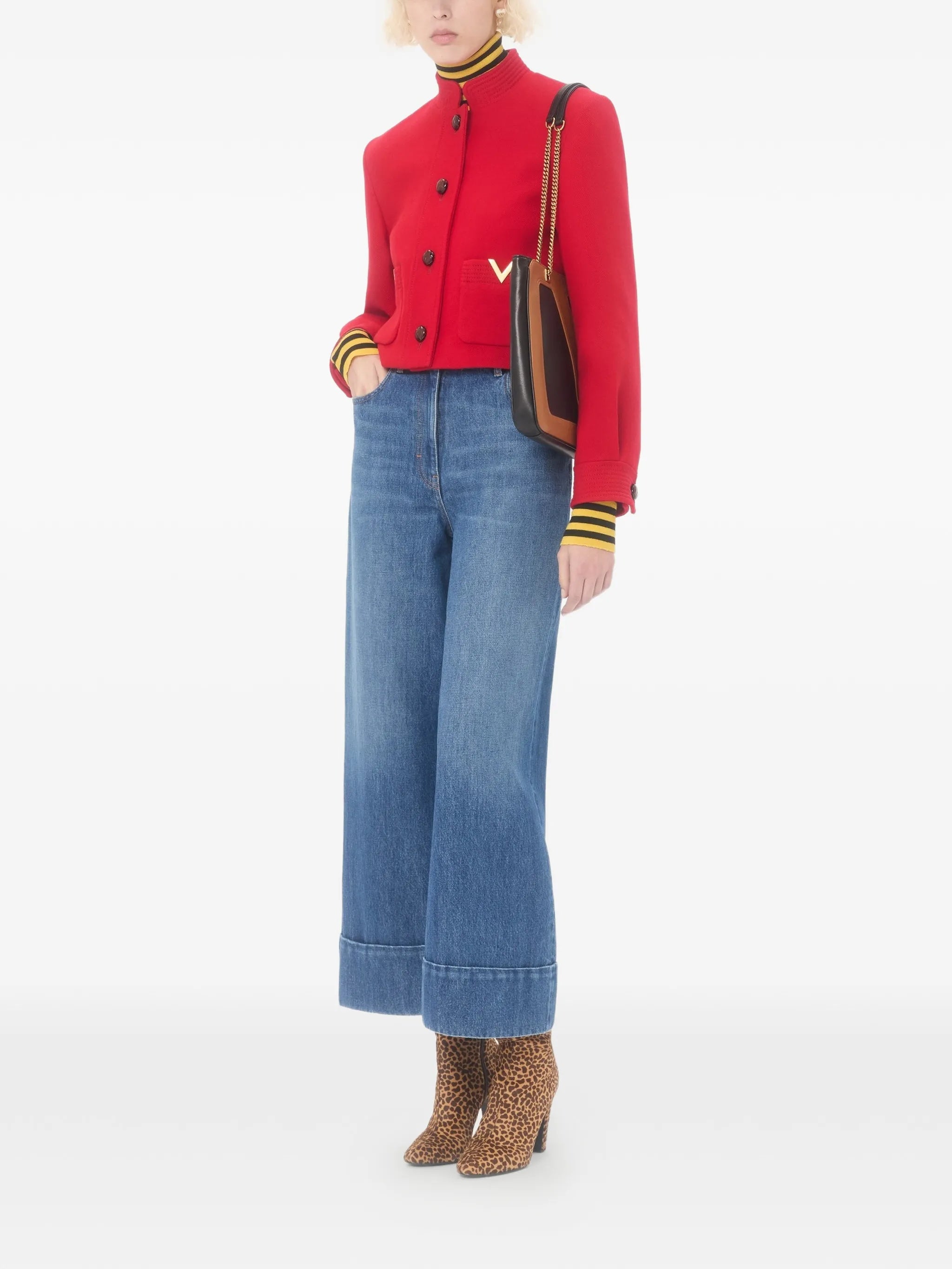 Medium Blue Wide-Leg Cuffed Denim Jeans