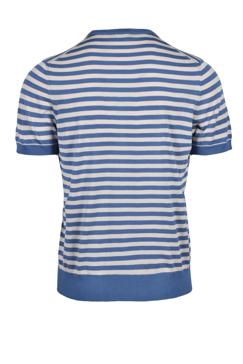 Cotton Crew Neck Top - Beige/Sky Blue