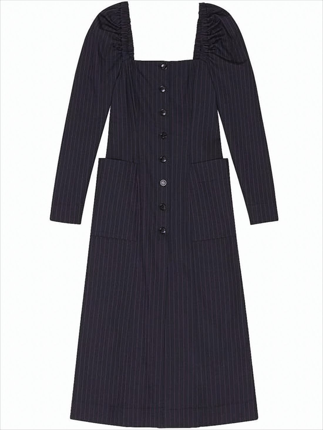Square Neck Puffed Sleeve Midi Dress with Button-Down Front