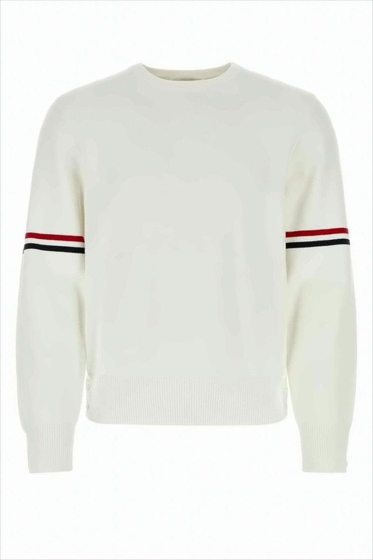 Classic Crew Neck Sweater with Contrasting Stripes and Ribbed Detail
