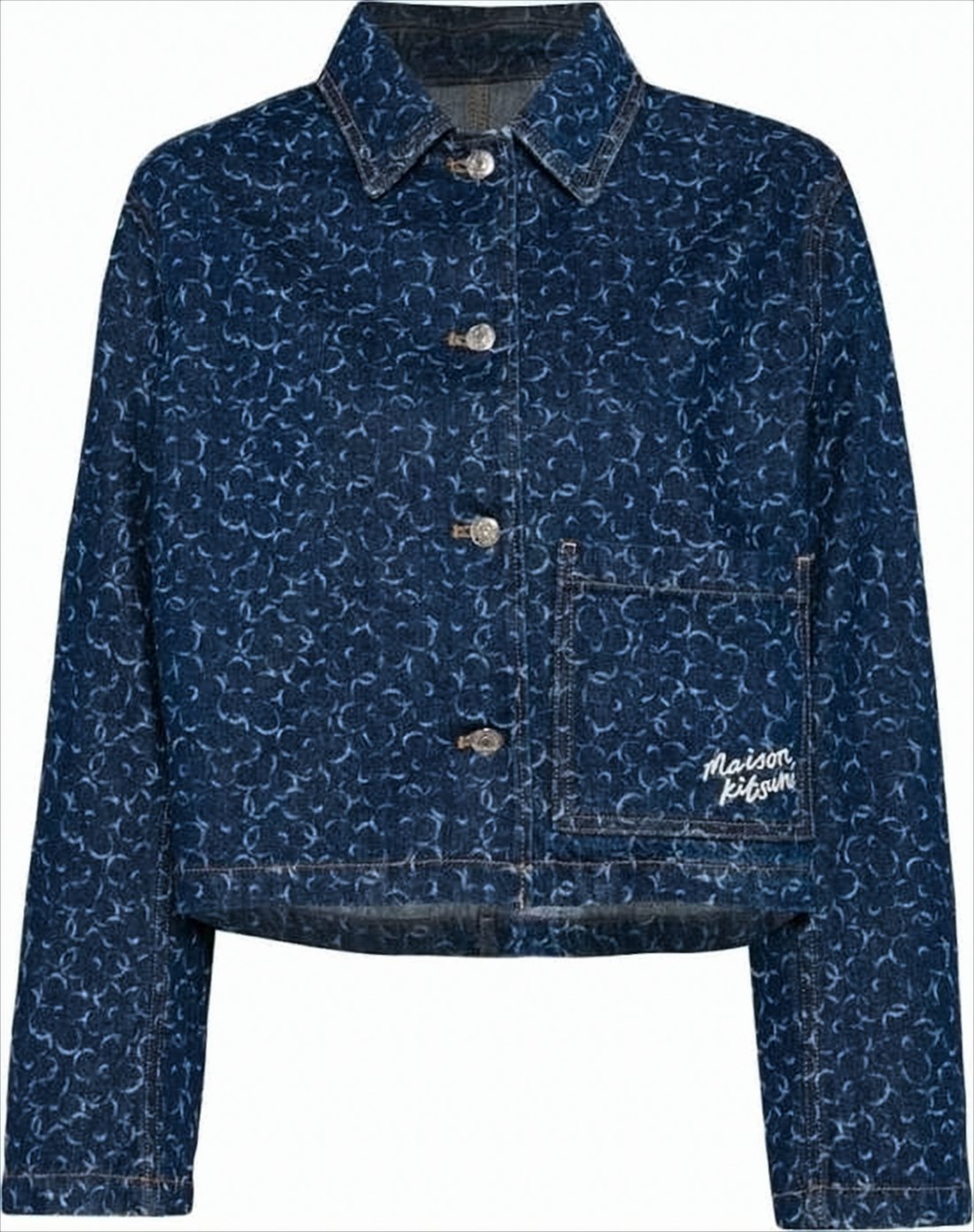 Cropped Denim Jacket With Subtle Pattern And Contrast Stitching