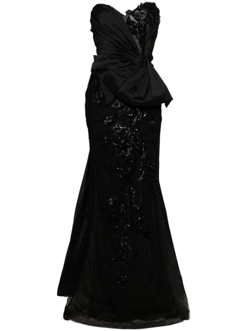 Tulle Strapless, Beaded Dress With A Taffeta Draping And Tail
