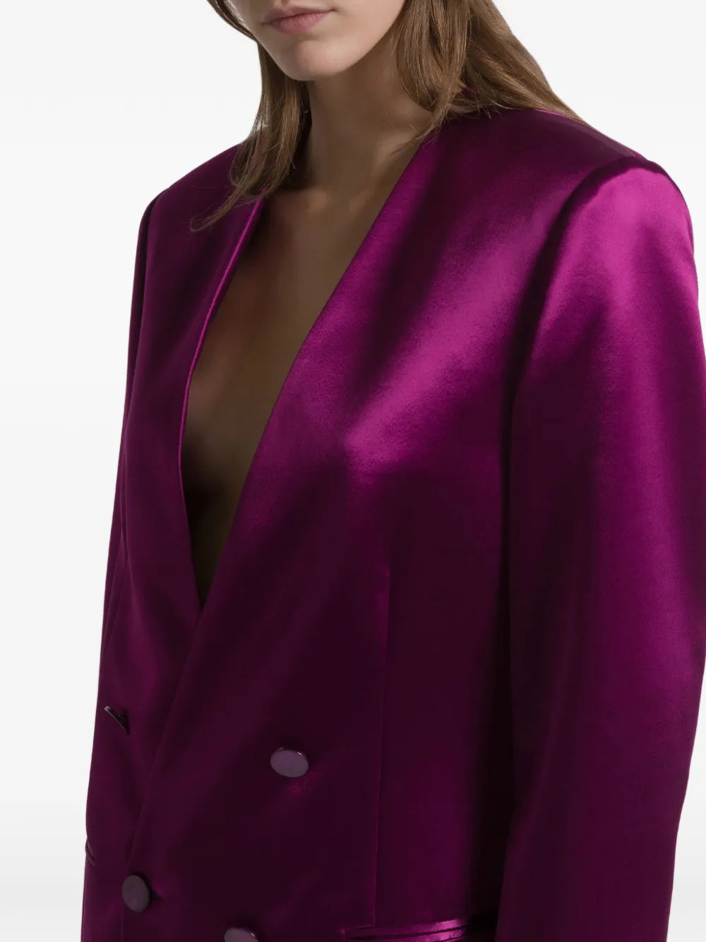 Double-Breasted Shiny Satin Jacket with Magenta Finish