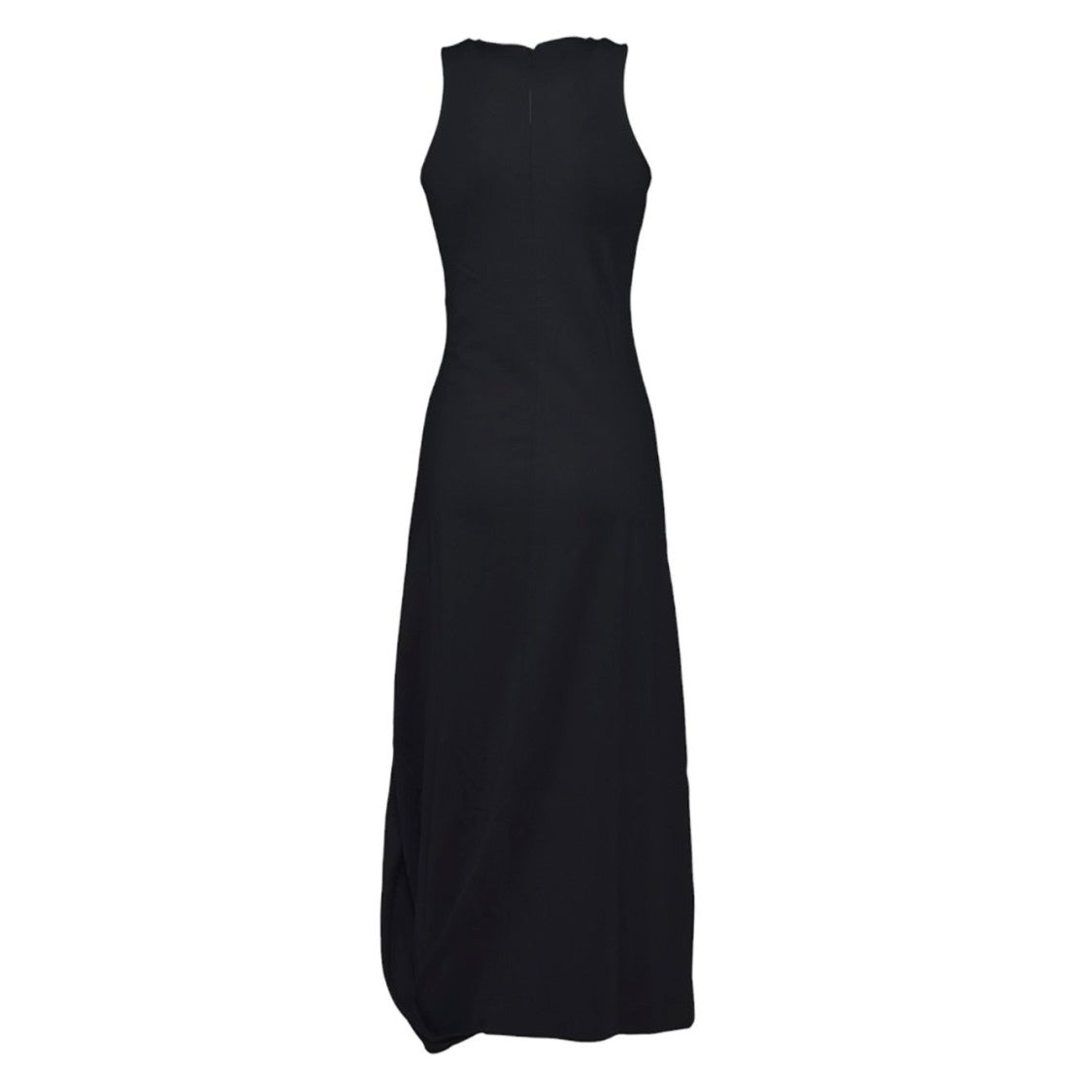 Fitted Black Midi Dress with Subtle Drape Hem