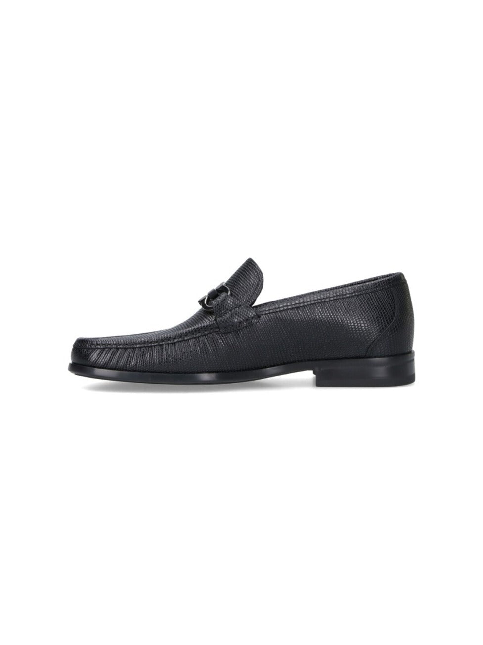 Textured Black Leather Loafers With Metallic Bit Detail