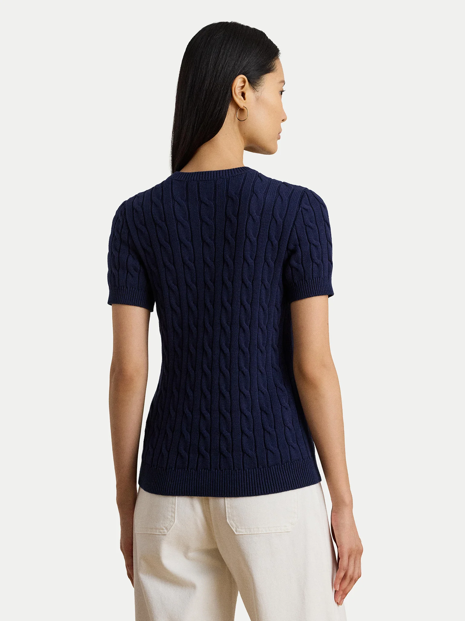 Navy Blue Eyelah Linen Pullover Knit Top
