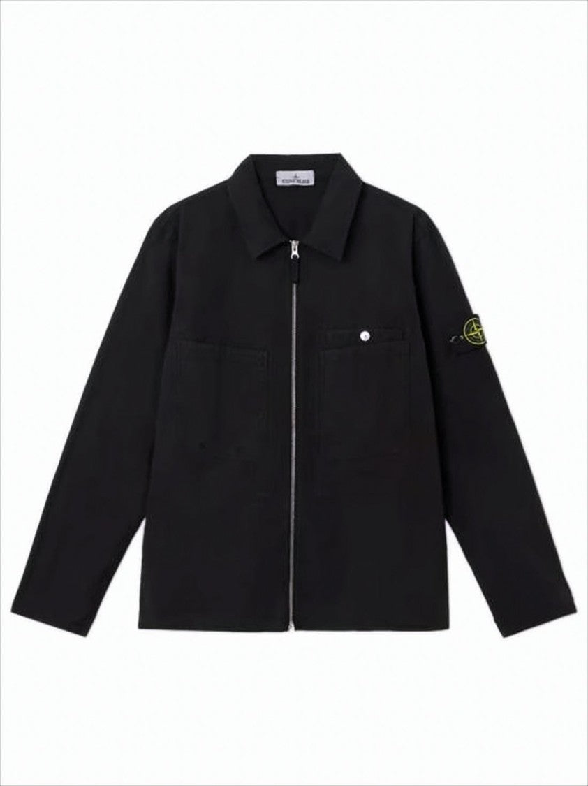 Black Jacket with Classic Collar and Distinctive Patch
