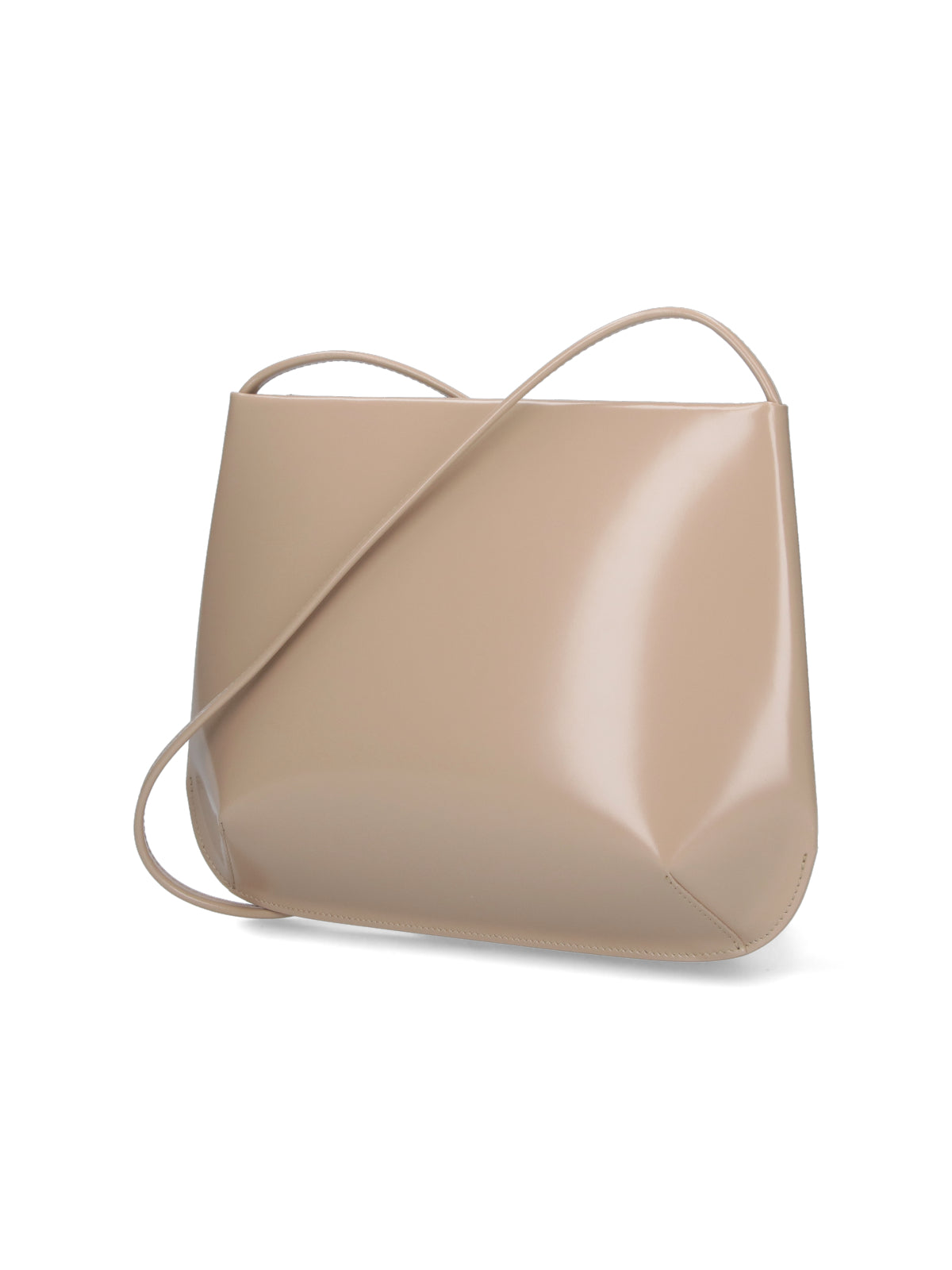 Beige Loge Glossy Leather Shoulder Bag