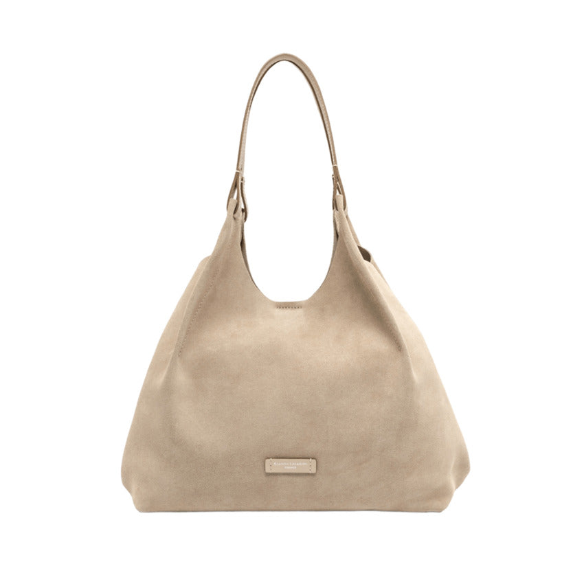Nude Suede Handbag with Leather Top Profiles