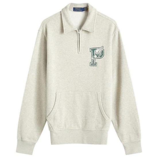 Light Beige Zip-Up Knit Sweater with Kangaroo Pocket and Embroidered Emblem