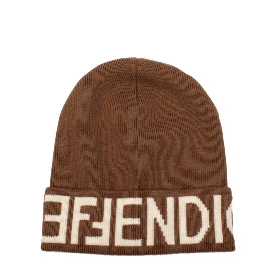 Knitted Brown Beanie Hat with Bold Contrasting Lettering