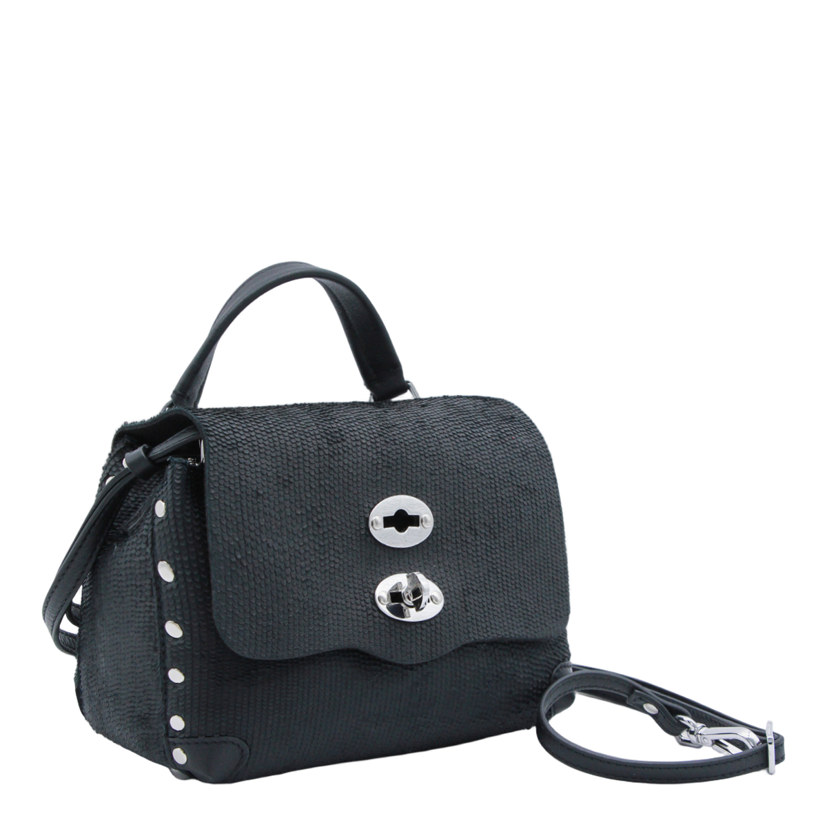 Textured Black Handbag with Silver-tone Accents