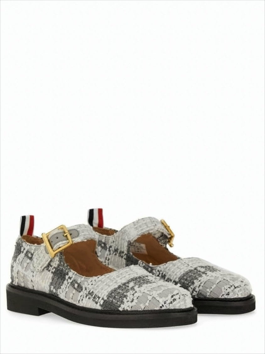 Textured Fabric Mary Jane Flats with Gold-tone Buckle