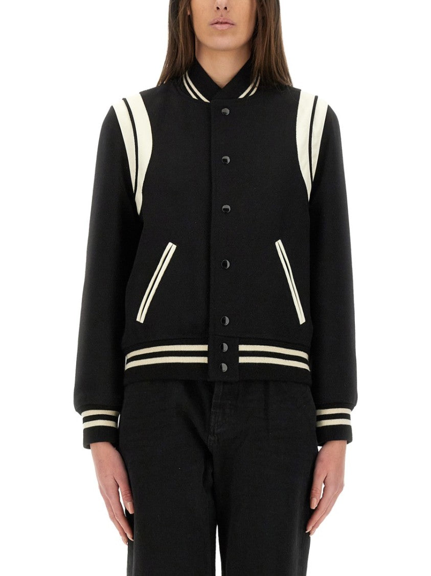 Wool Varsity Jacket With Contrasting Stripe Details