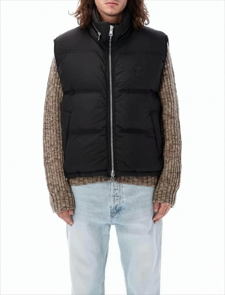 Black Padded Vest With High Collar And Quilted Finish