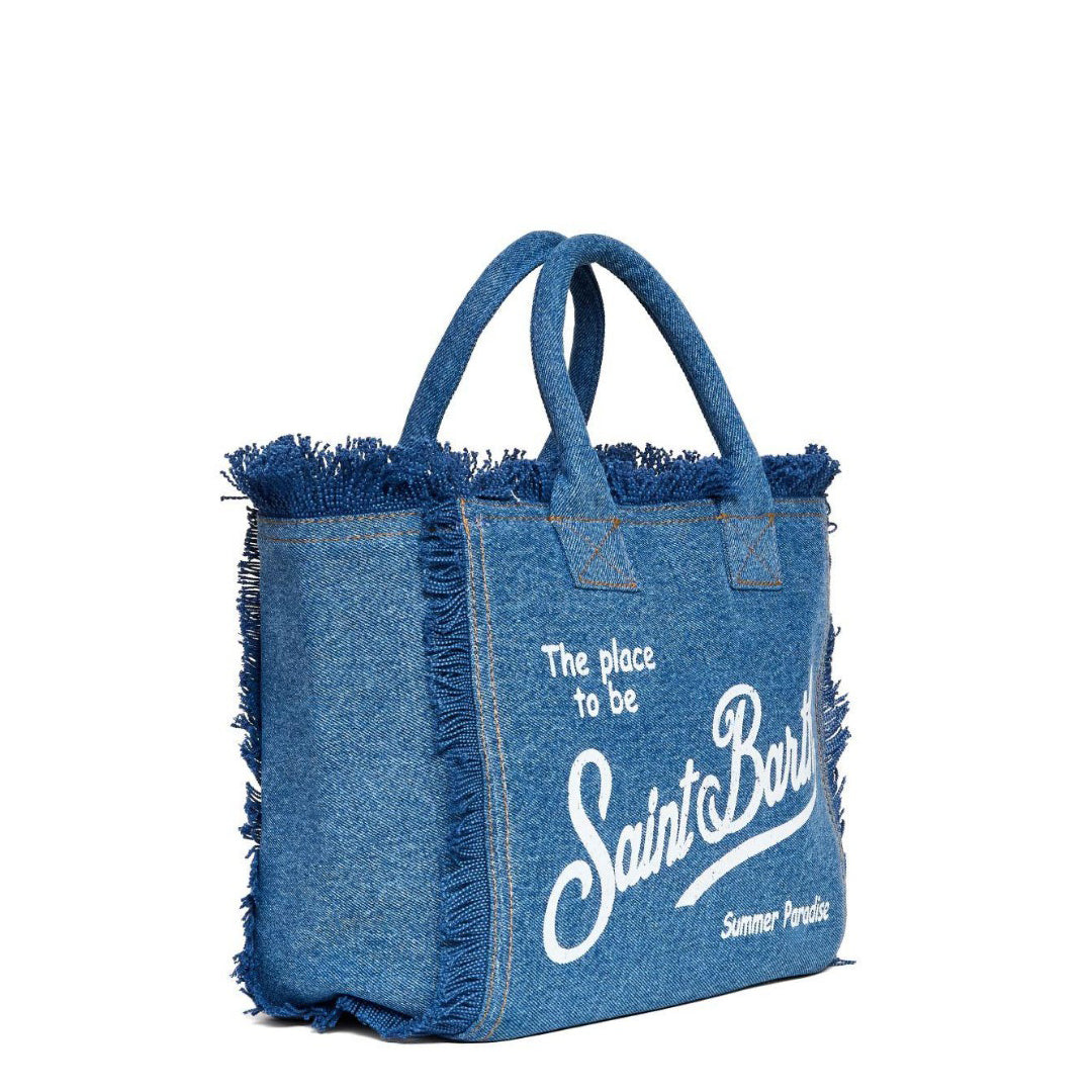 Textured Denim Tote Bag with Fringed Trim