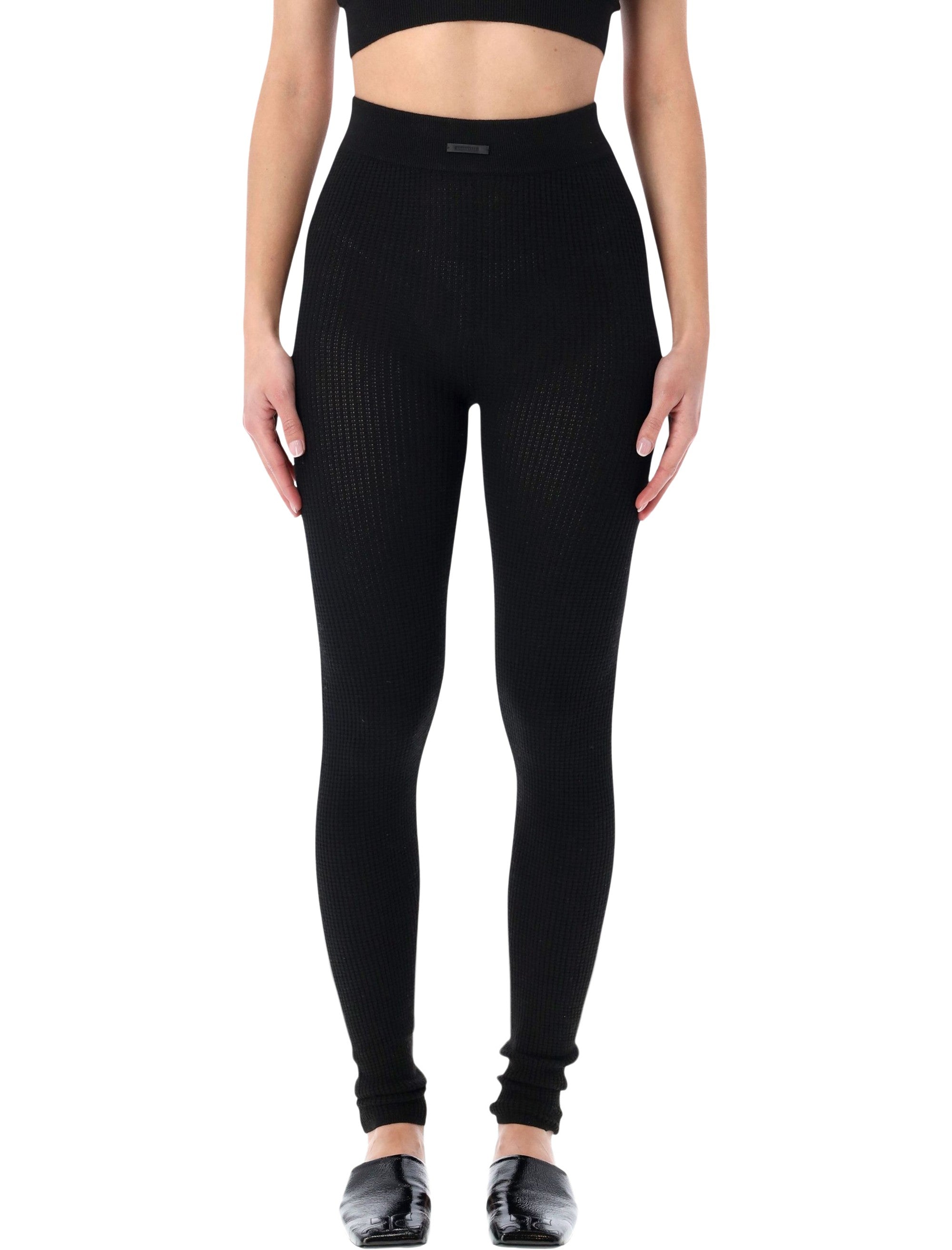 Ankle-Length Black Waffle Knit Leggings with Rib-Knit Waistband