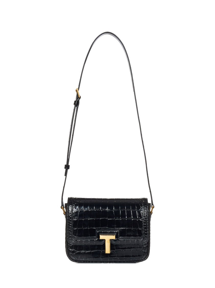 Black Crocodile-Print Leather  Small Shoulder Bag