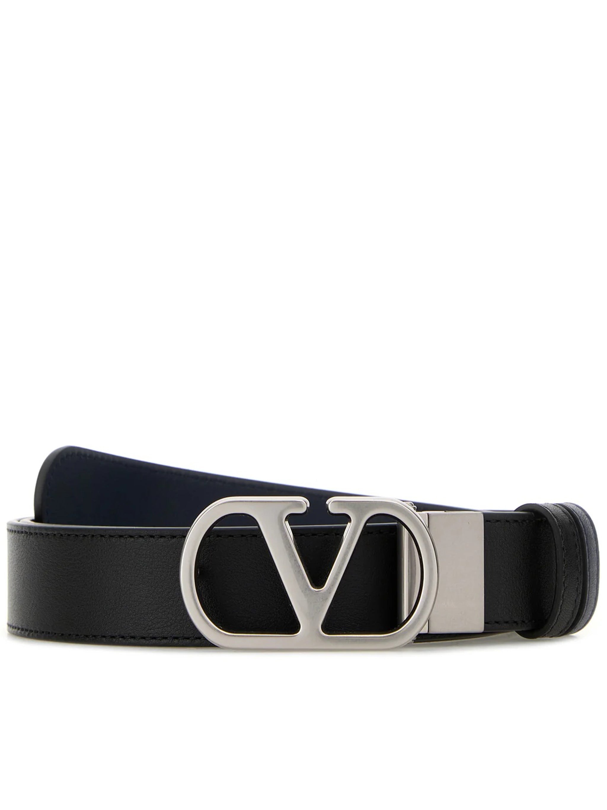 Black/Navy Reversible Leather V-Buckle Belt