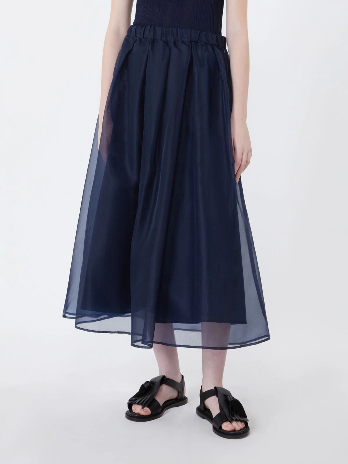 Midi Skirt with Sheer Overlay and Elastic Waistband