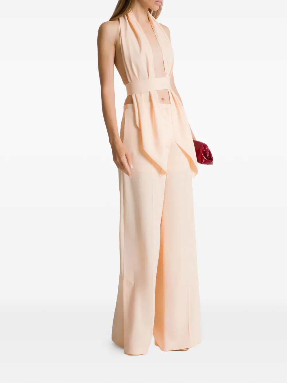 Sleeveless Halter Neck Top with Deep V-Neck and Draped Hem