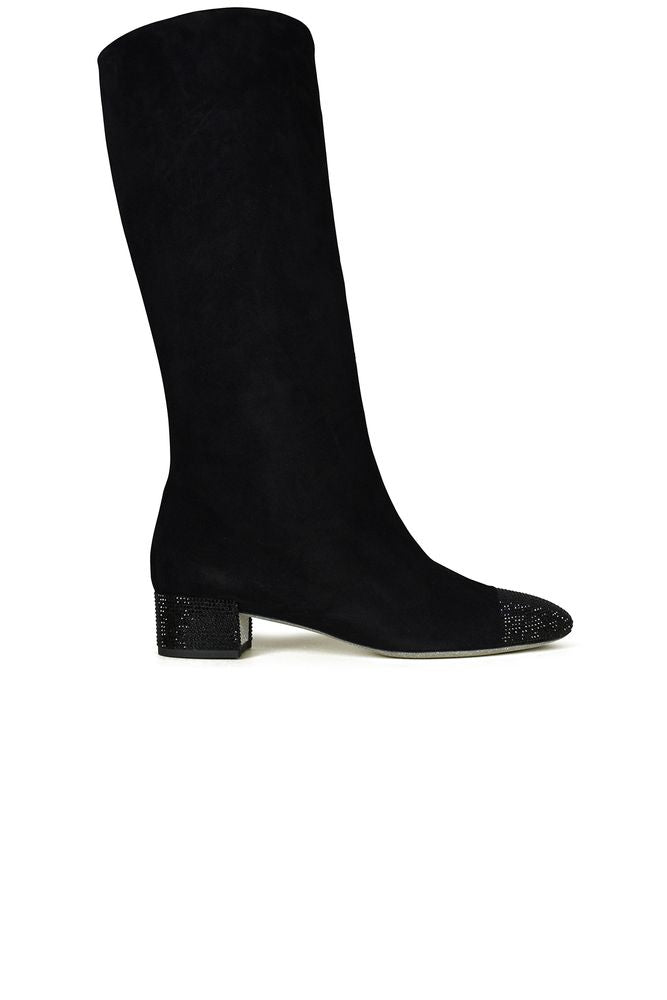Mid-Calf Black Suede Boots With Glitter-Embellished Details
