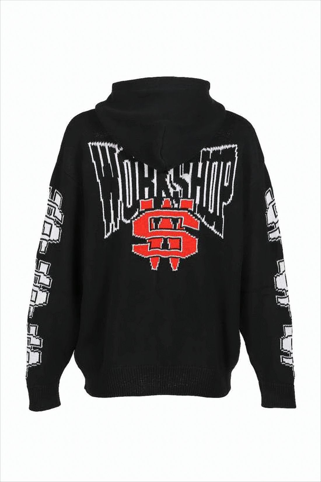 Black Hooded Knit Sweater with Graphic Motifs