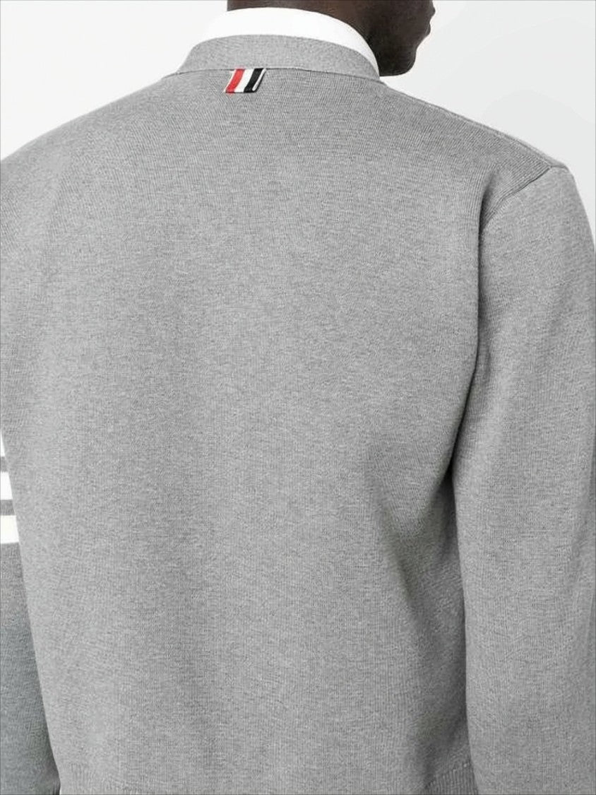 Cropped Grey Cardigan with V-Neckline and Signature Stripes
