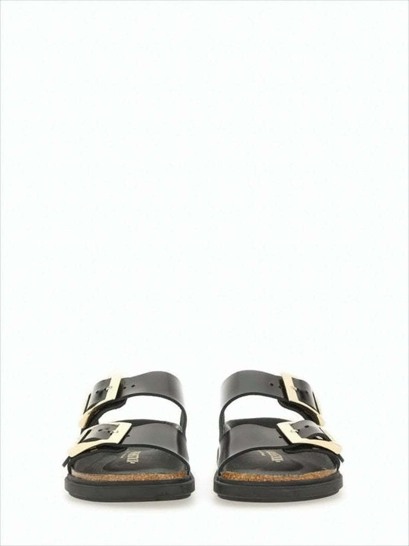 Open-Toe Black Leather Sandals with Metallic Buckles