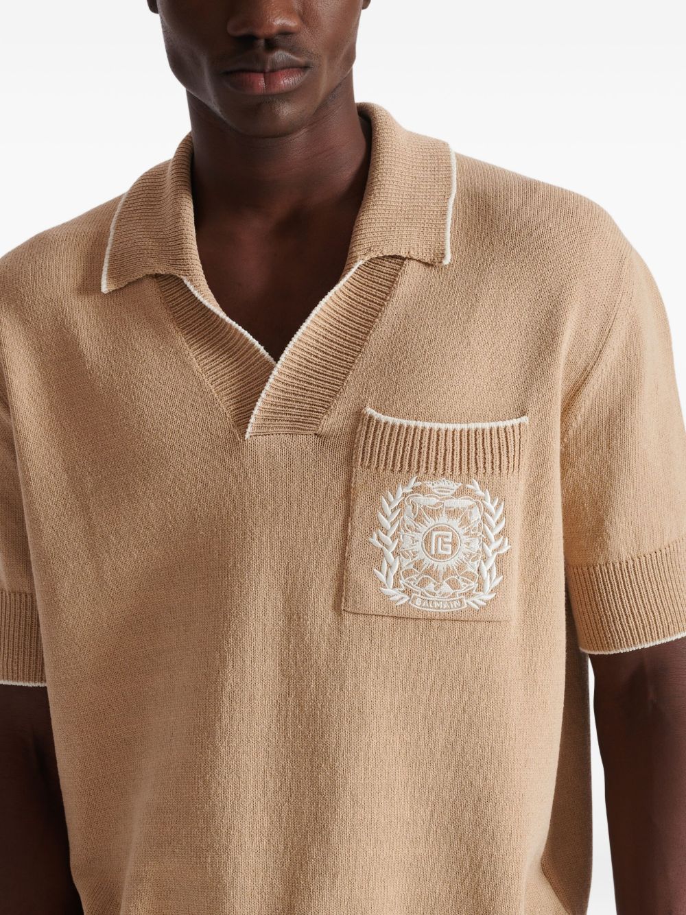 Embroidered Logo V-Neck Beige Knit Polo Shirt