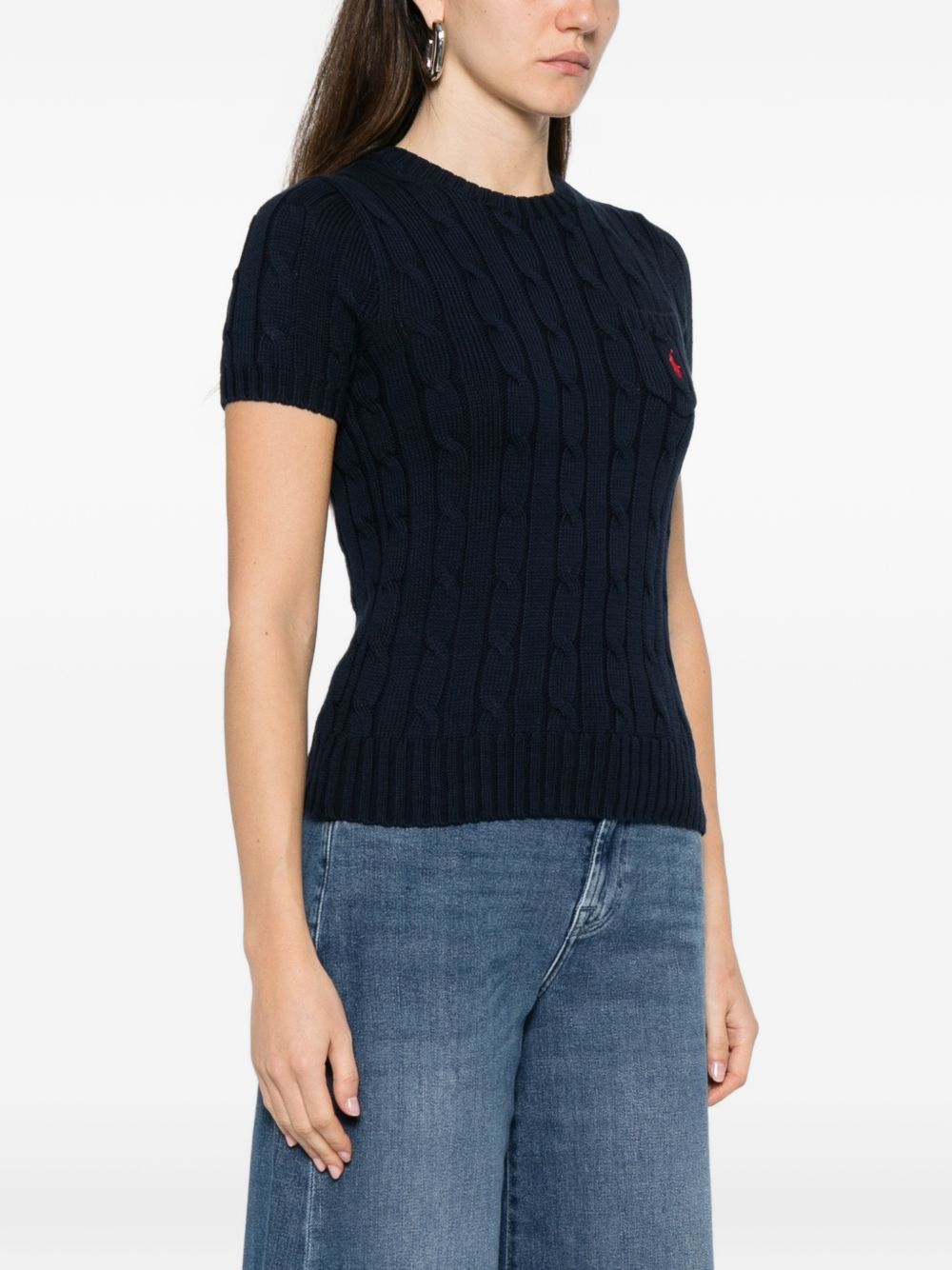 Navy Blue Ribbed Crewneck Short-Sleeve Sweater