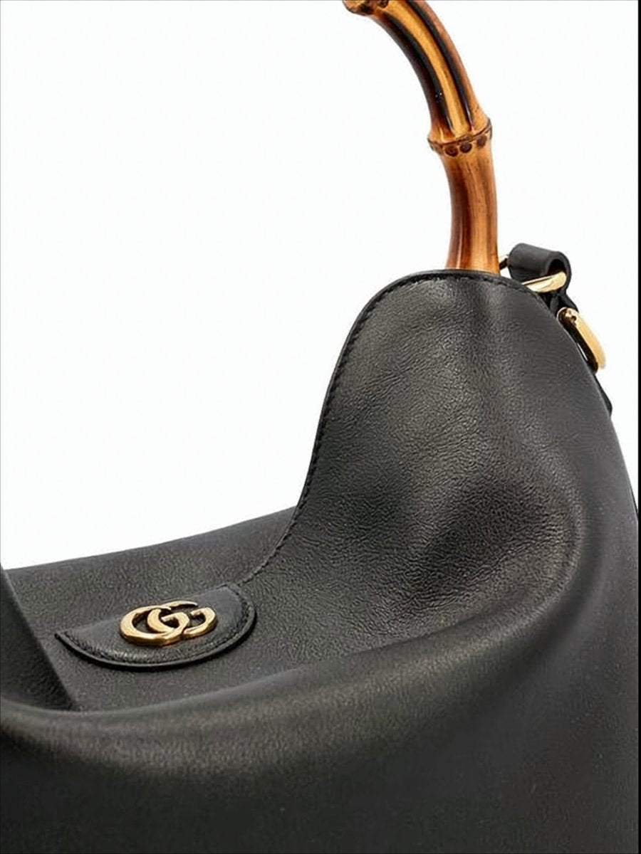 Leather Shoulder Bag with Bamboo Handle