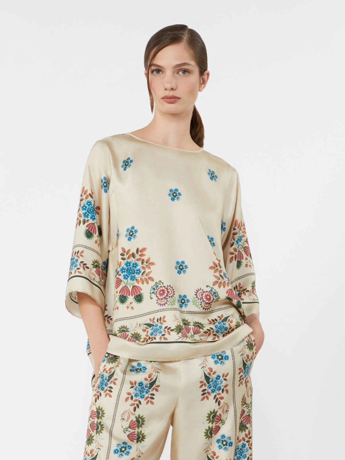 Boxy Floral Print Top with Elbow-Length Sleeves