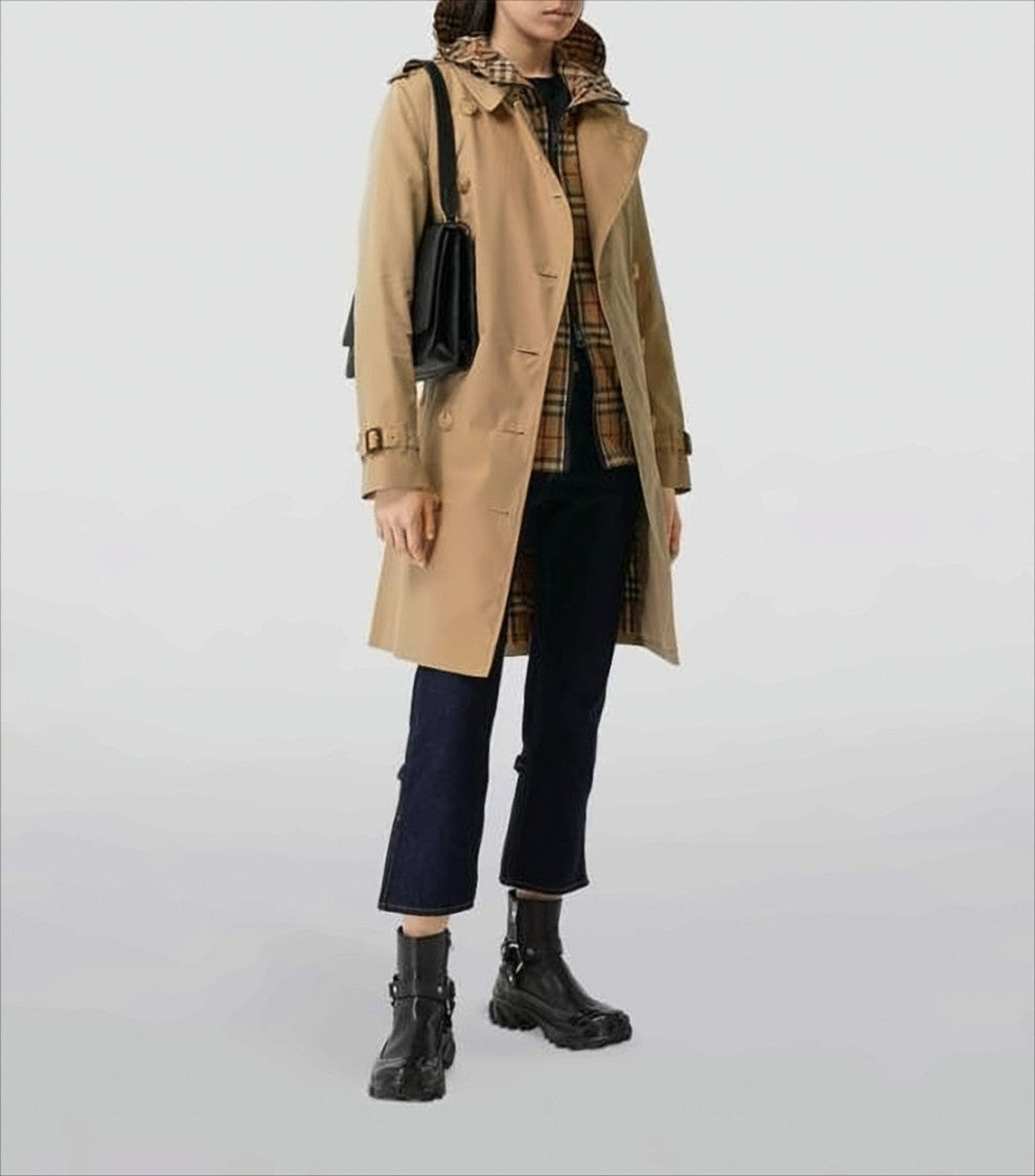 Double-Breasted Trench Coat with Distinctive Check Hood