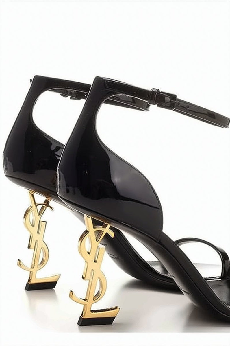 Patent Leather Opium Sandals with Iconic Logo Heel
