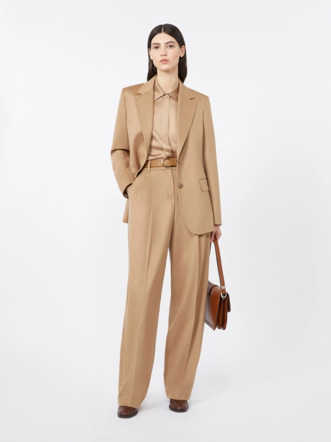 Tailored Camel Wide-Leg Trousers With Pleated Front