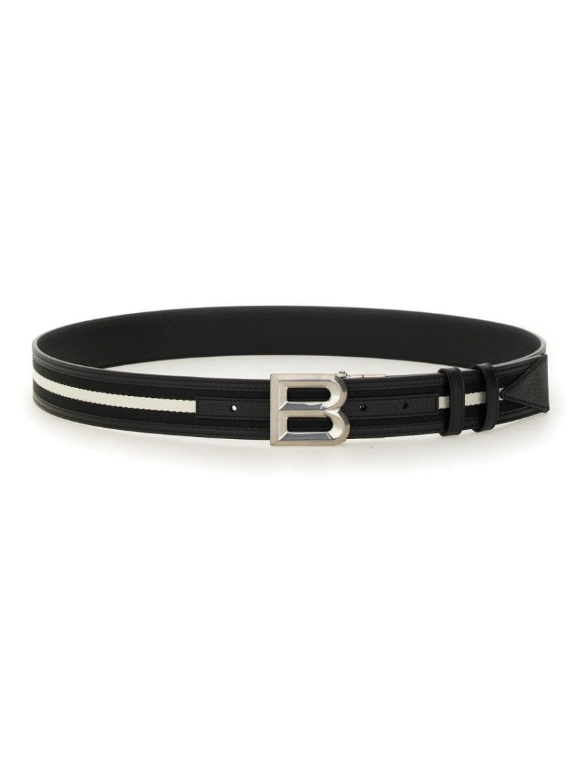 Black Leather Belt with Parallel White Stripes