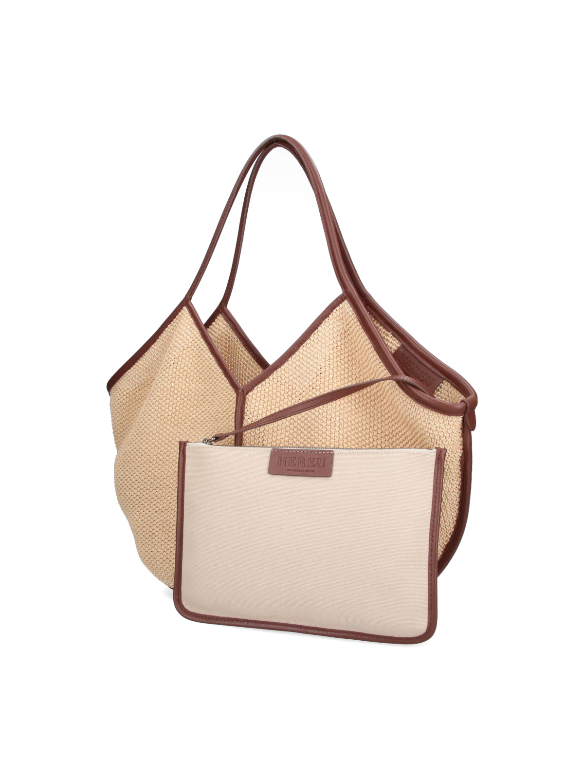 Beige Woven V-Neck Texture Tote Bag