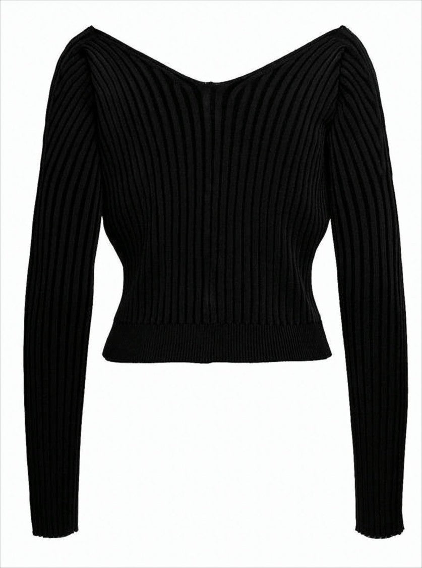 Ribbed Knit Cardigan With Deep V-Neckline And Gold-Tone Clasp