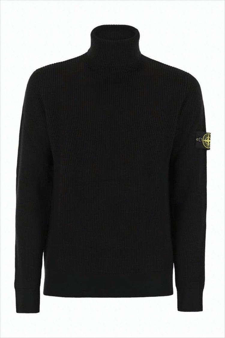 Ribbed Black Wool Turtleneck Sweater