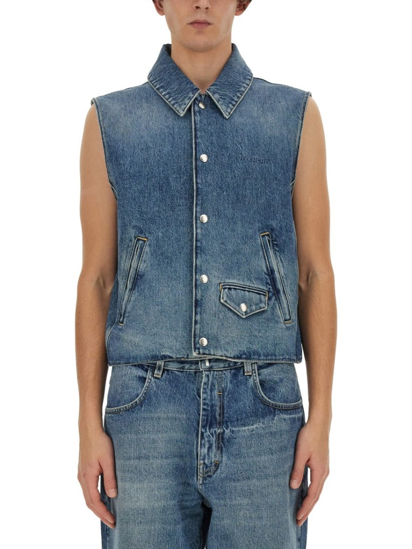 Cropped Denim Vest With Classic Collar